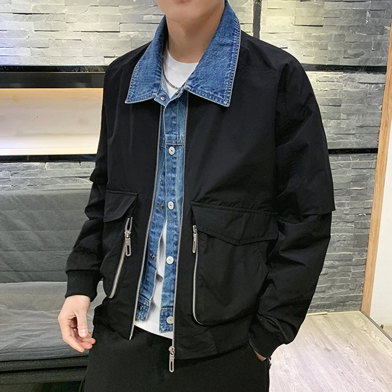 Spring New Denim Jacket Men Fashion Solid Color Casual Fake Two-piece Jacket Man Streetwear Trend Loose Hip-hop Bomber Jacket Spring New Denim Jacket Men Fashion Solid Color Casual Fake Two-piece Jacket Man Streetwear Trend Loose Hip-hop Bomber Jacket