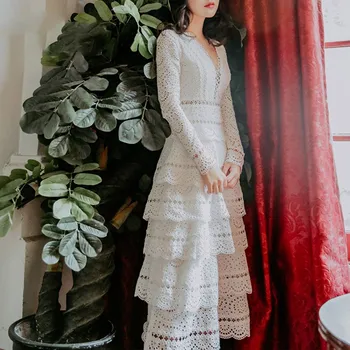 

2019 Luxury Spring Summer White Lace Long Dress Vintage Women Long Sleeve Elegant Ladies Embroidery Maxi Party Dress