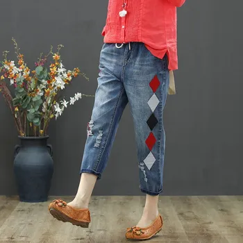 

2019 Spring New Style Women Ankle Length Elastic Waist Jeans Women Loose Casual Embroidery Denim Pants