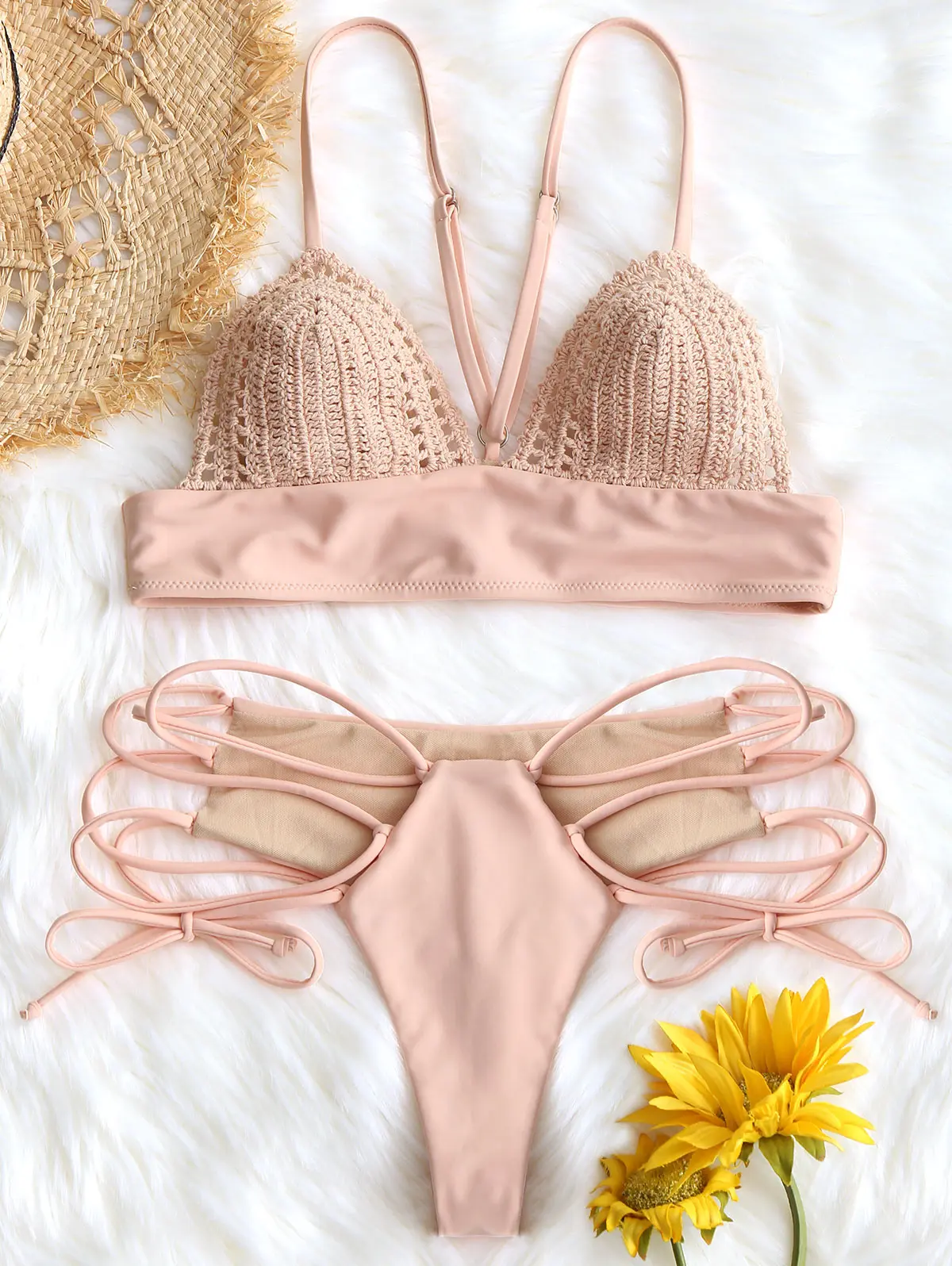 

ZAFUL Sexy Bikini Set Crochet Panel Bralette Bra With Lace Up Swim Briefs Spaghetti Straps Swimwear Women Swimsuit Bikini 2019