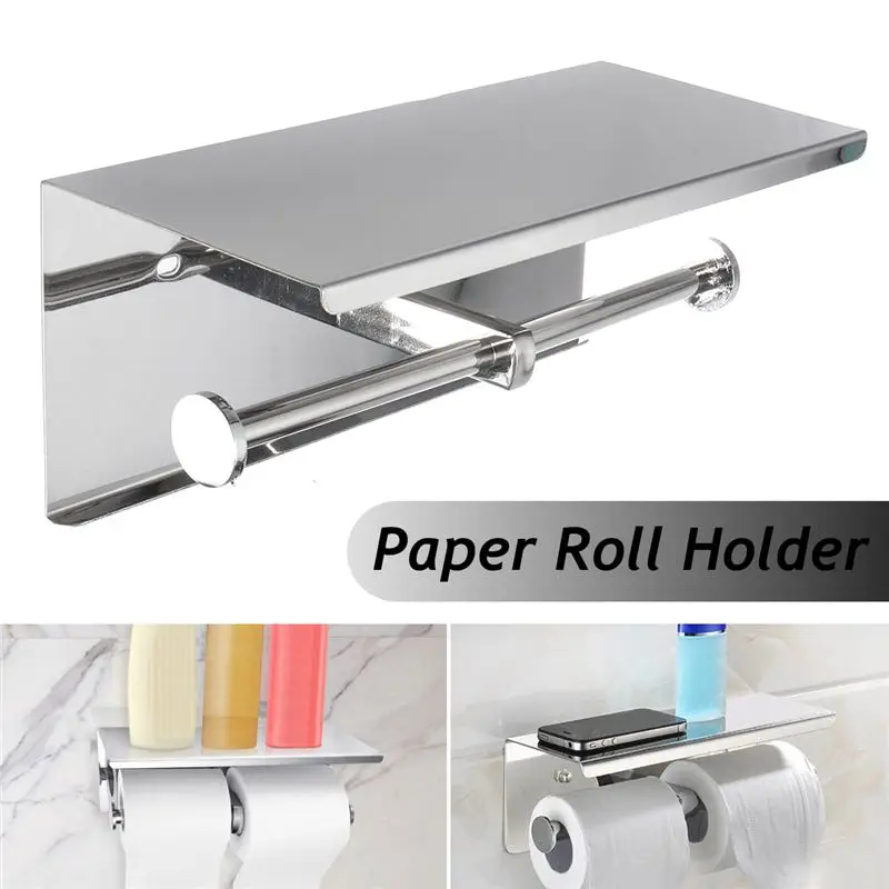 

26x11.5x10.5cm Bathroom Toilet Roll Paper Holder Wall Mount Stainless Steel Bathroom WC Phone Holder with Storage Shelf Rack