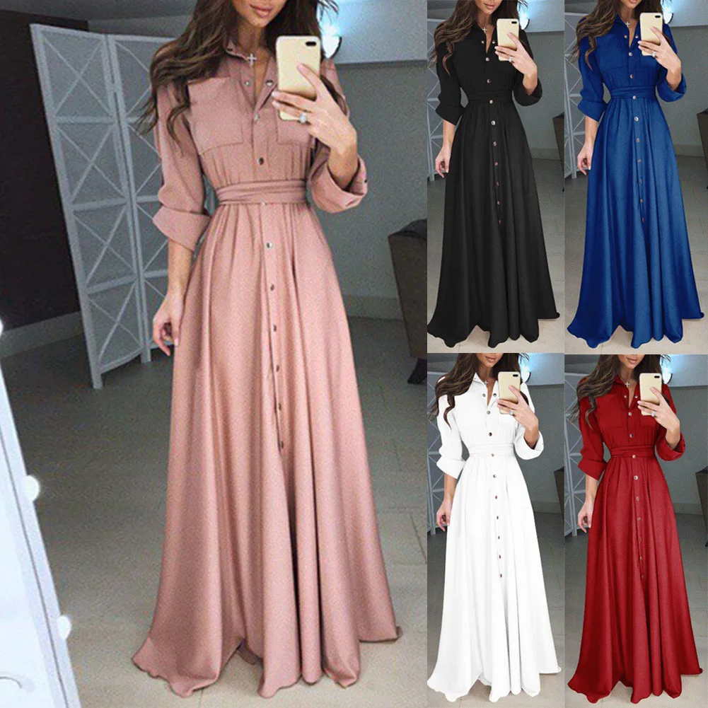 

2019 Spring Women Long Sleeve Maxi Dress Fashion Turn Down Collar Buttons Long Dresses With sashes Women Party Dress pink Black