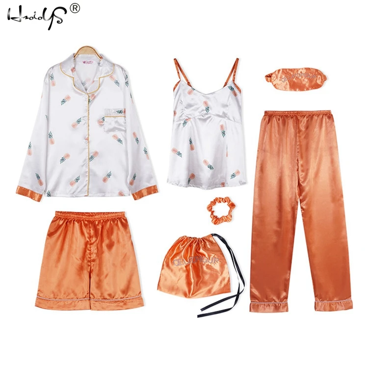 

Women Pajamas 7 Pieces Satin Sleepwear Pijama Silk Home Wear Home Clothing Embroidery Sleep Lounge Pyjama with Chest Loungewear