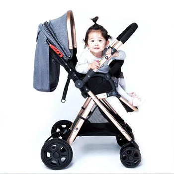 

2020 High View Baby Stroller Light weight Folding Four-Wheel Can Sit Can Lie Baby Two-Way Trolley Stroller with Linen cotton