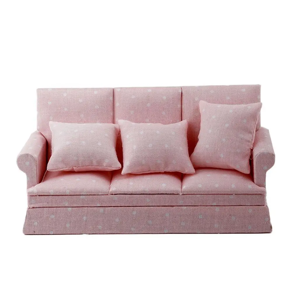 جديد وصول 1:12 دمية مصغرة أثاث غرفة المعيشة ثلاثة مقاعد الأريكة أريكة طقم الوسادة الوردي