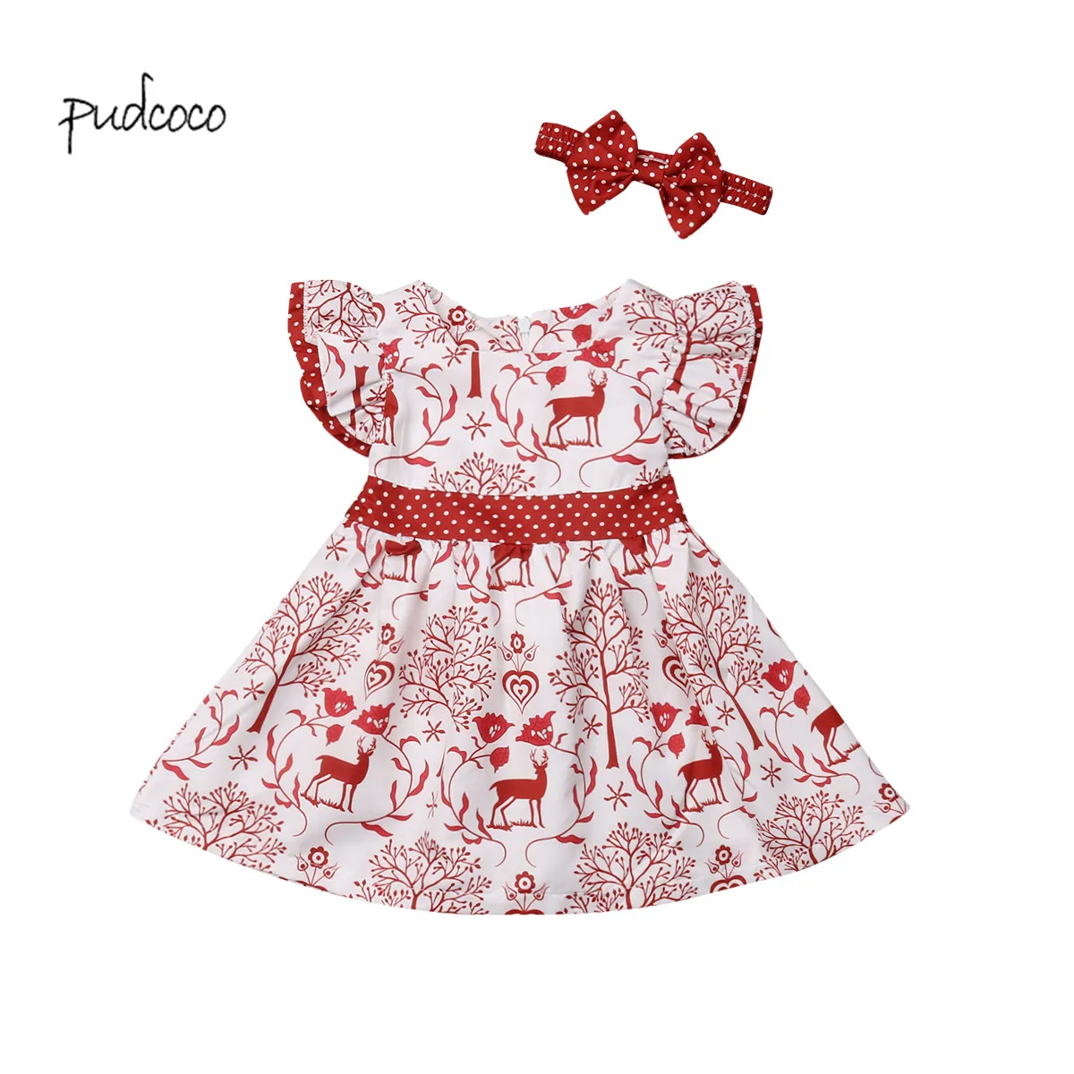 Pudcoco New Brand Christmas Newborn Kids Baby Girls Deer Bowknot Pageant Party Formal Dress