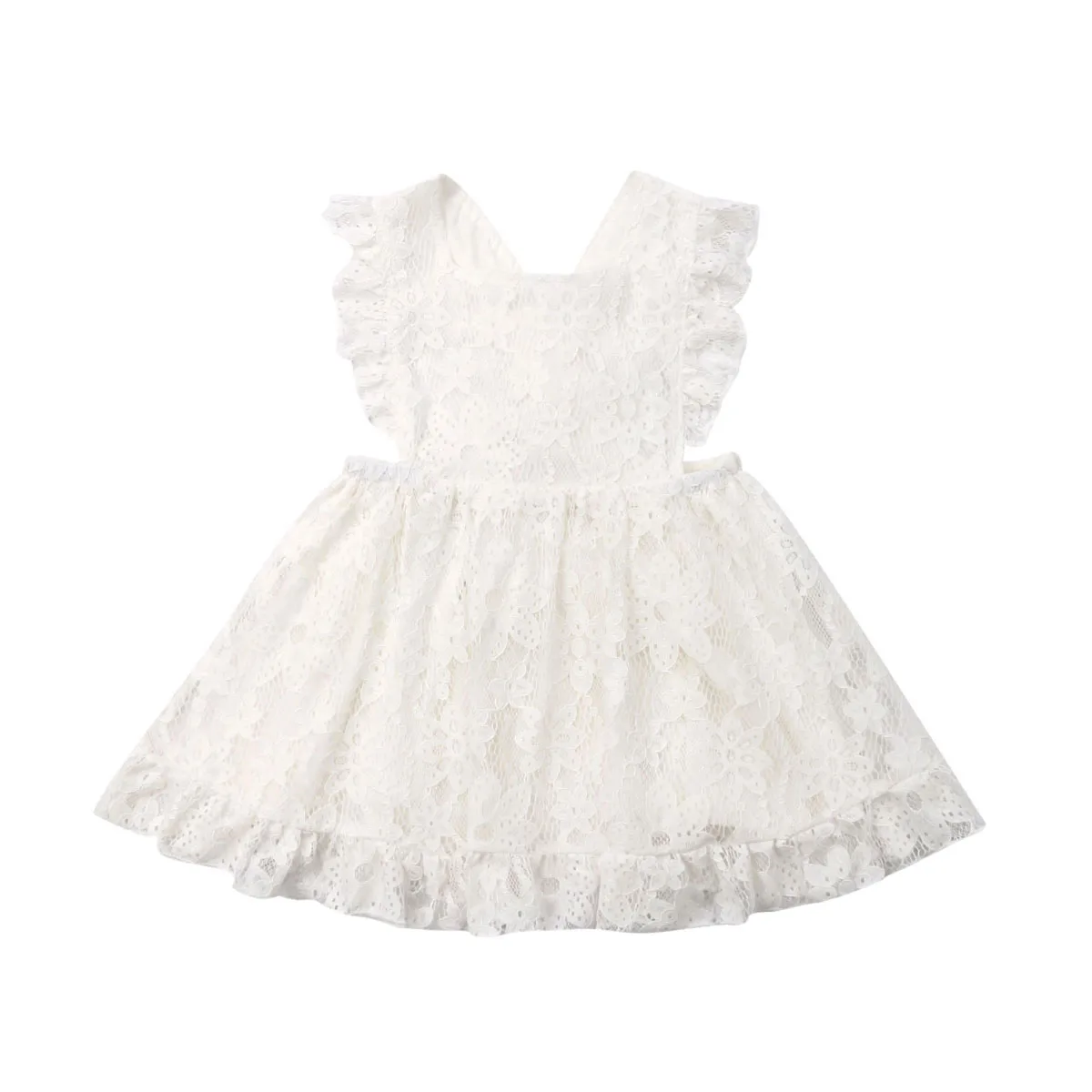 

2019 New Kids Girls Summer Dress Ruffles Sleeveless Back Cross White Lace Sundress Princess Girls Pageant Party Mini Dresses