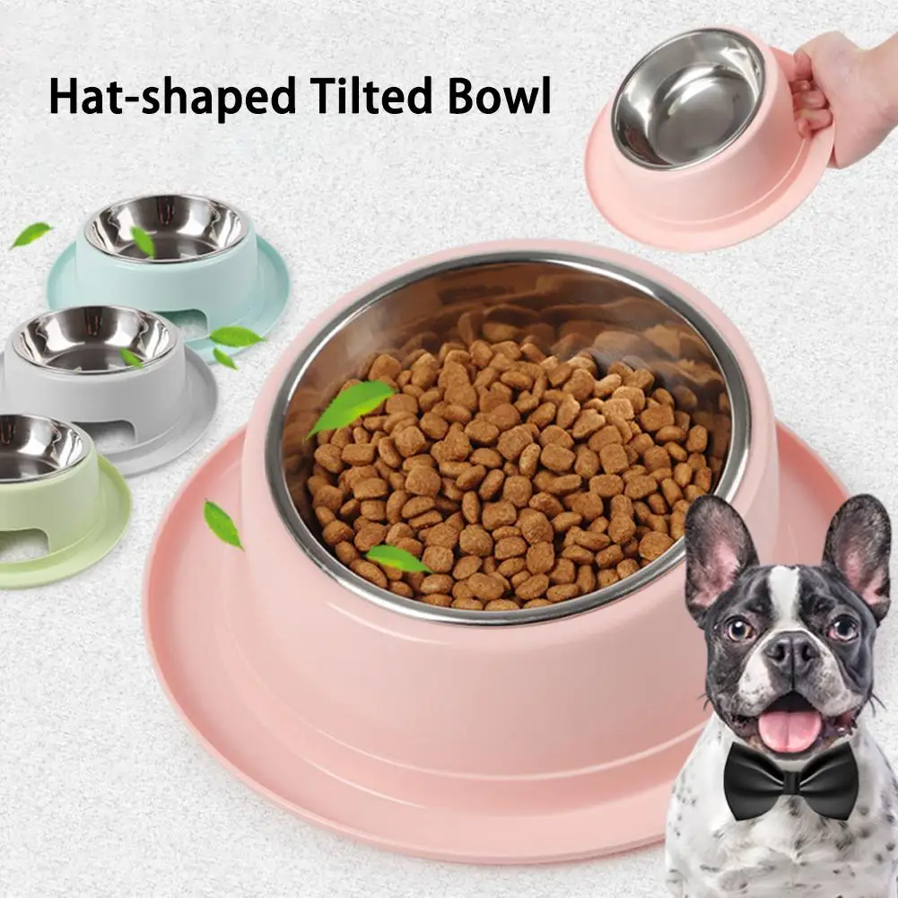 

New Feeding Drinking 2 In 1 Bowl Hat Shaped Tilted Brim Leakproof Pet Bowl Stainless Steel Pet Bowl Easy To Holding Fashion