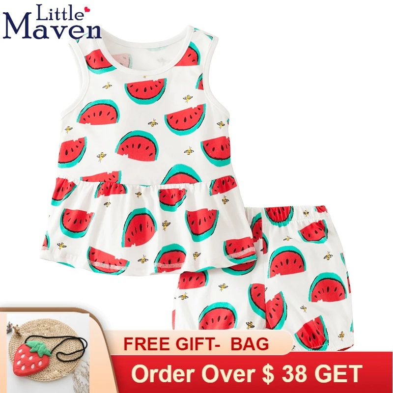 

Little Maven Brand Summer Baby Kids Girls O-neck Cotton Cartoon Watermelon Printing Clothes 2019 New Children Sets Clothin g