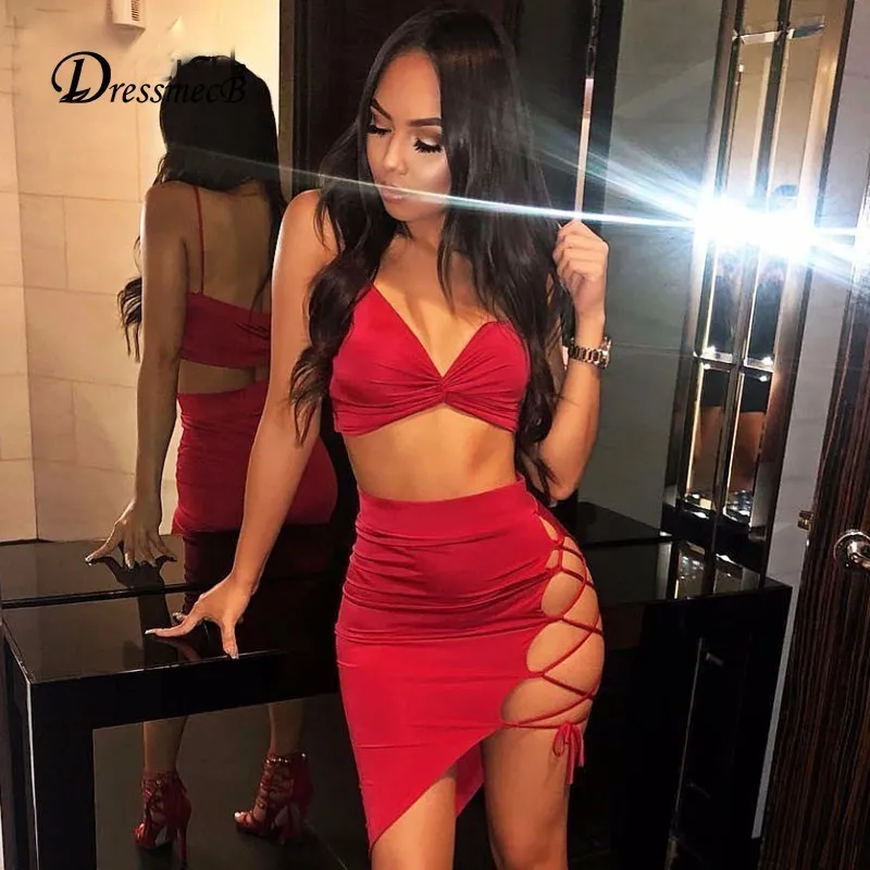 

DRESSMECB Sexy Two Piece Set Party Club Short Top And Bandage Skirts 2 Piece Women Bodycon Hollow Out Summer Tracksuit Women