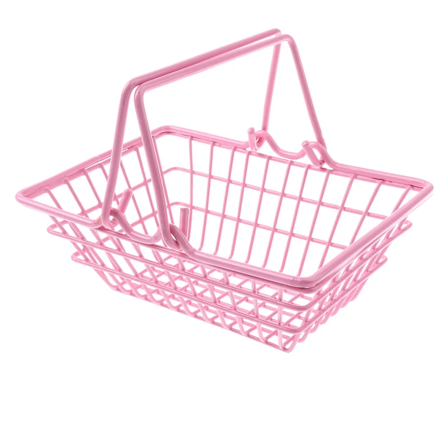 Kids Mini Metal Supermarket Shopping Basket for Kitchen Fruit Vegetable Food Grocery Storage Pretend Play Tools Toy Gifts Pink S 2