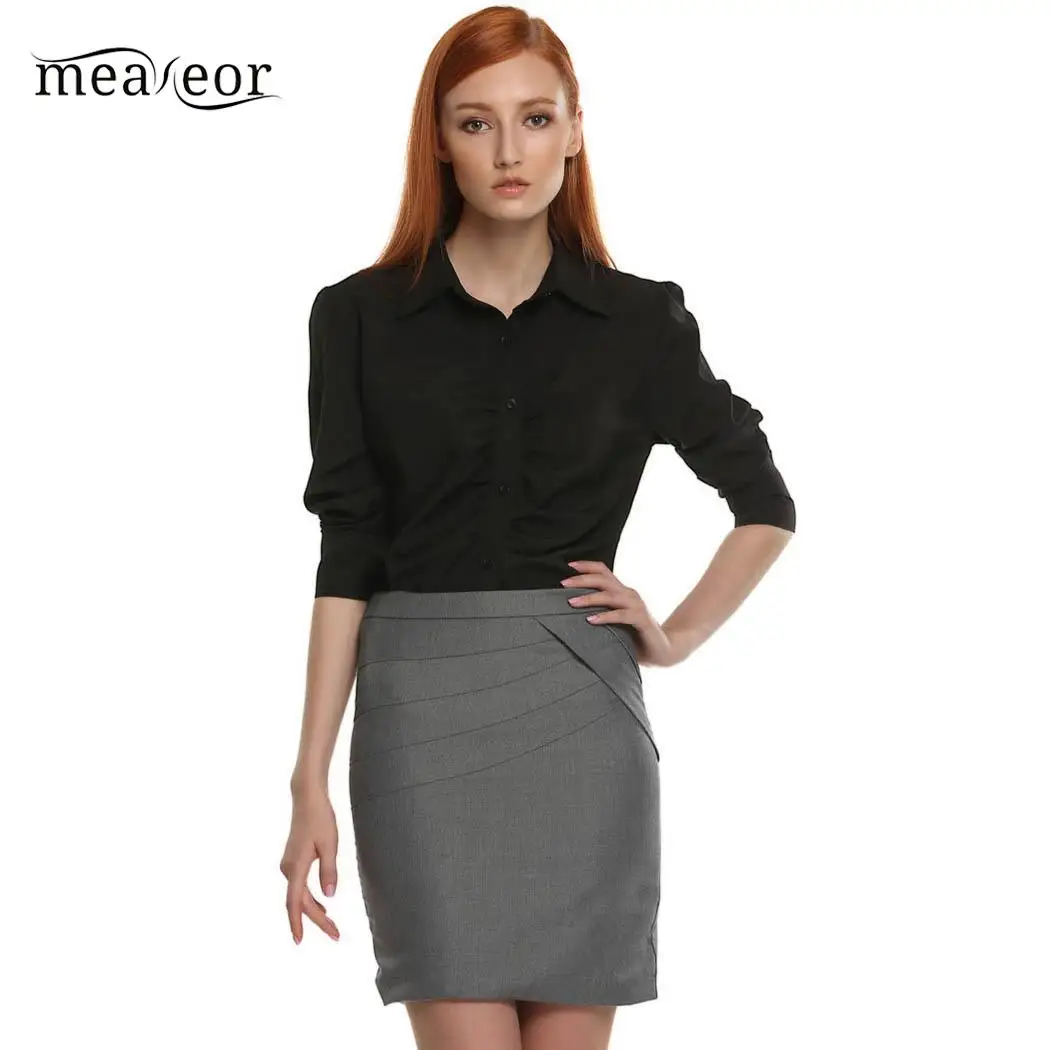Meaneor Womens Long Sleeve Round Neck Shirt Casual Bussiness Button Line Slim Top Blouse