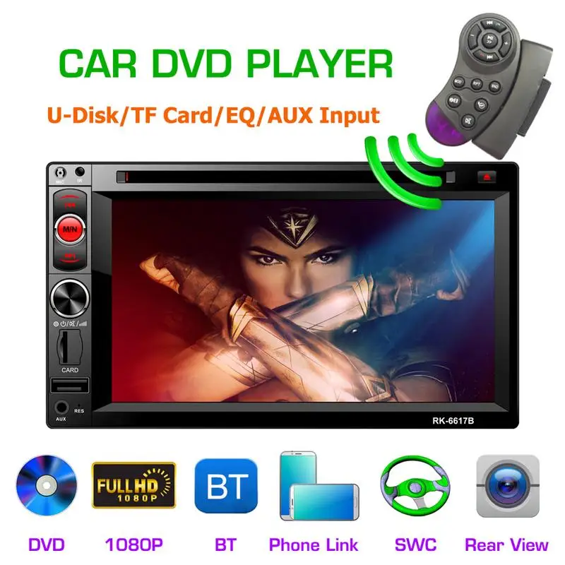 

Universal DC12V Full HD1080P 6.2-inch 2DIN Car Multimedia CD DVD Player Steering Wheel Control FM Radio Bluetooth Mirror Link