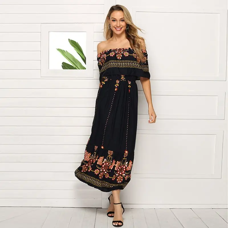 

Boho Summer Sweet Travel Beach Elegant Party Women Maxi Dresses Off Shoulder Plus Size 3XL Pleated Print Sexy Female Long Dress