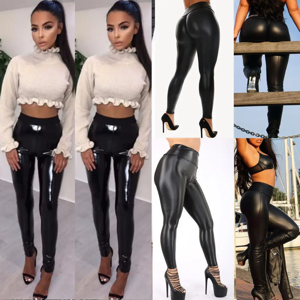 Womens Ladies Soft Stretchy Shiny Wet Look Vinyl Leggings Trouser Pants Bottoms