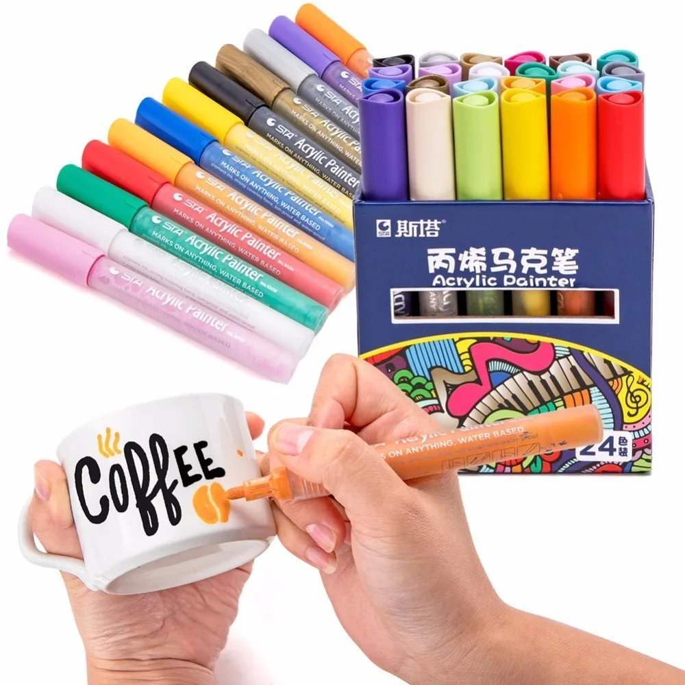 STA 12/24 Colors Acrylic Paint Marker Sketch Stationery Set For DIY Manga Drawing Marker Pen School Student Painter Supplies custom the factory directly supplies the front acrylic led luminous golden stainless steel edging letter logo