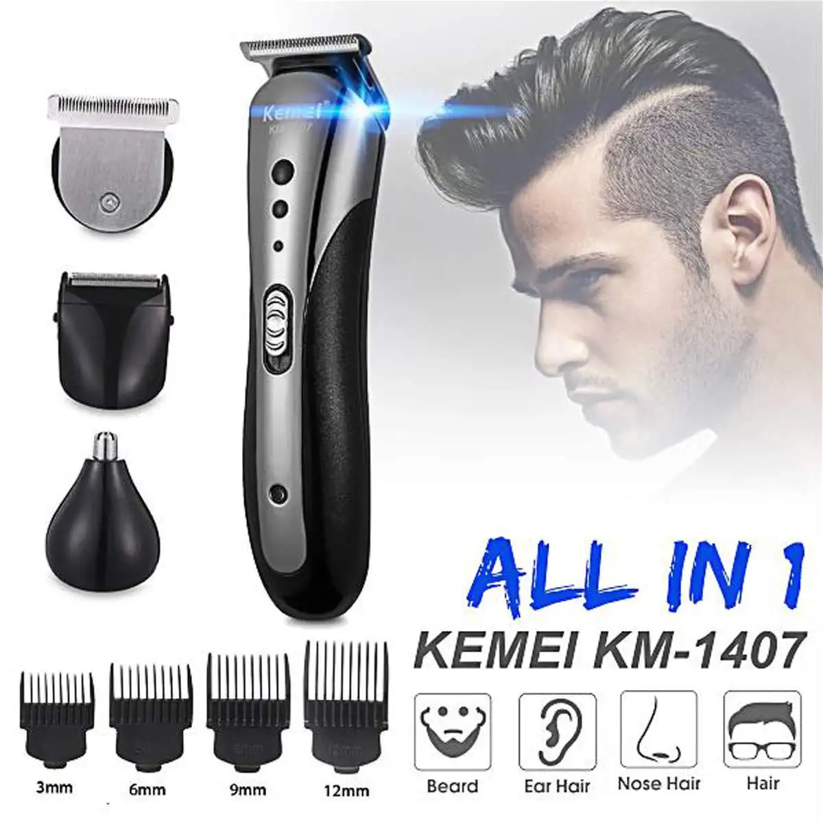 

Kemei All in1 Rechargeable Hair Trimmer Waterproof Wireless Electric Shaver Beard Nose Ear Shaver Hair Clipper Trimmer Tool