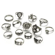 14 Pcs / Set Vintage Articulation Handmade Sun Opal Ring Set for Women Leaf Flower Heart Crown Rings vintage heart flower feather cuff ring set