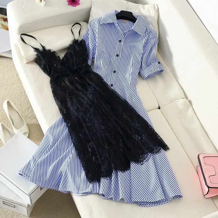 

Women Strap Lace Elegant Office Lady Striped Dress Suit Turn-Down Collar Single Breasted A-Line Floral Lace Striped Dress Sets