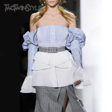 Off Shoulder Slash Neck Flare Sleeve Patchwork Hit Color Striped Shirt