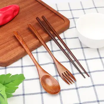

Portable Japanese Wood Chopsticks Fork Spoon Tableware Travel Bento Cutlery Set Natural Eco-friendly Wooden Dinnerware With Bag