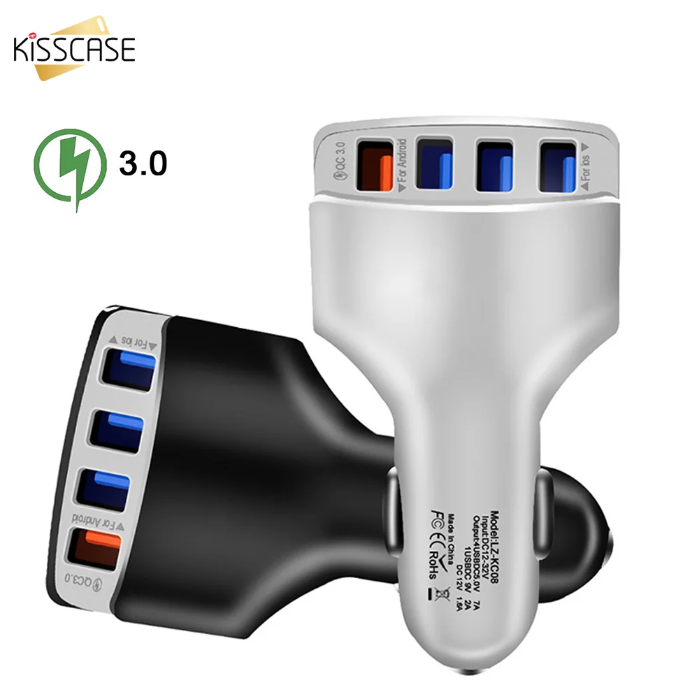 KISSCASE 4 USB Quick Charge QC 3.0 Car Charger For iPhone 8 7 XR USB Type-C PD Fast Charger Mobile Phone Quick Charger Car-Charg