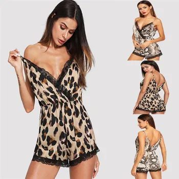 

Women Sexy Lingerie Costume Silk Night Dress Sleepwear Lace Lingerie Sexy Backless Leopard Snake Print Lady Nightgown Homewear