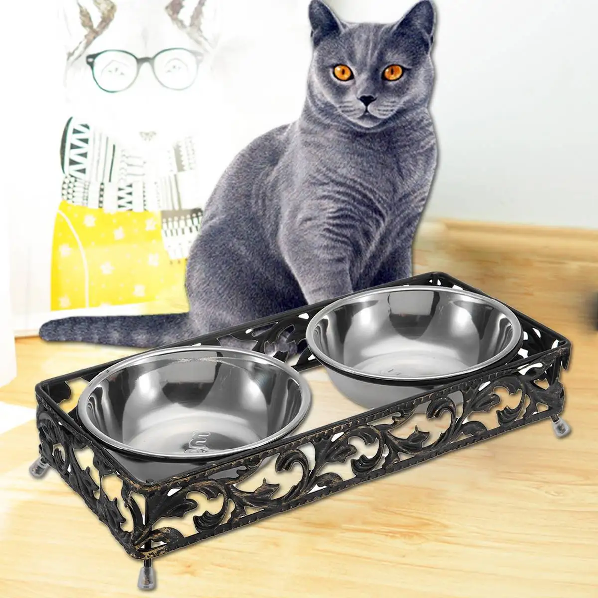 

Antiskid Double Bowls With Raised Stand Pet Food And Water Bowl Stainless Steel Perfect For Cats And Small Dogs Supplies