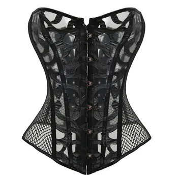 

Sexy Women Mesh Printing Corset Steampunk Gothic Hollow out Bustier Waist Cincher Top Black White Overbust Corselet Costumes NEW