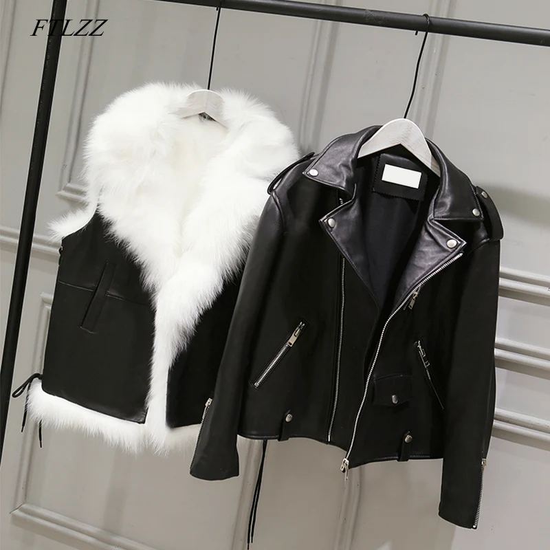 

FTLZZ New Pu Leather Jackets Women White Faux Fur Vest+ Black Faux Leather Streetwear Short Coat Winter Female Snow Outerwear