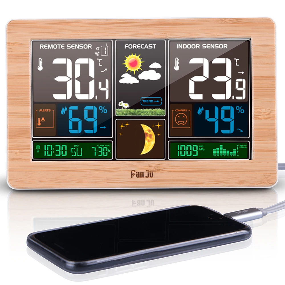 

FanJu FJ3378 Digital Alarm Clock Weather Station Wall Indoor Outdoor Temperature Humidity Watch Moon Phase Forecast USB Charger