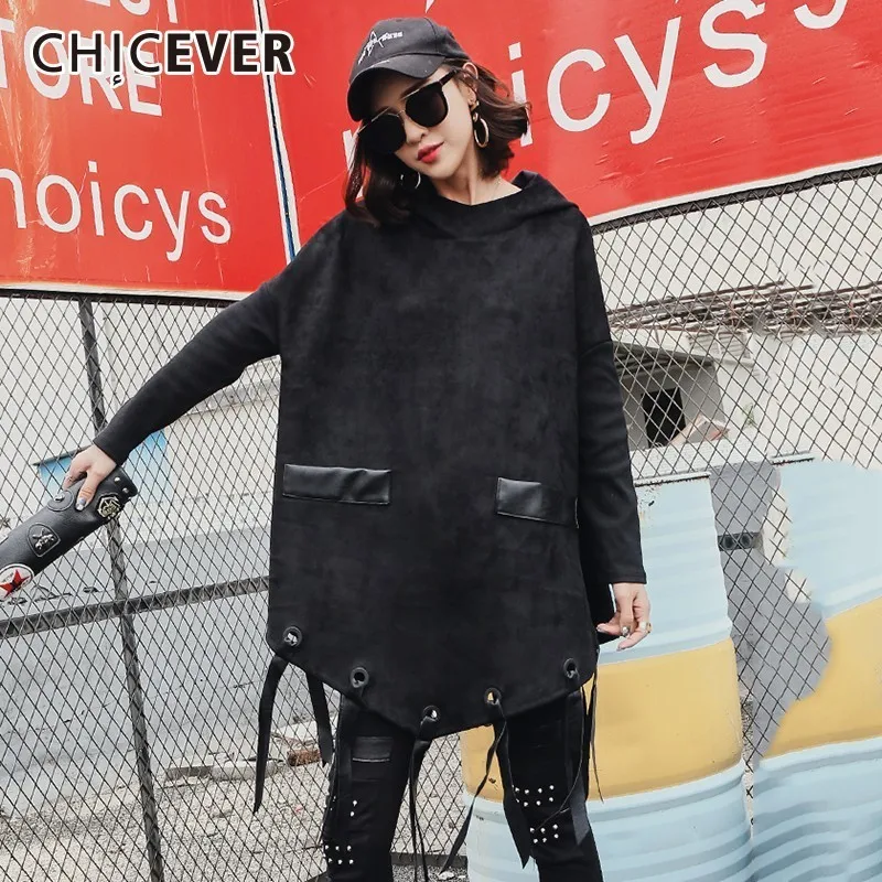 

CHICEVER Hem Tassel Sweatshirts For Women's Hoodies Long Sleeve Asymmetric Hem Loose Black Tops Female Sweatshirt Fashion Tide