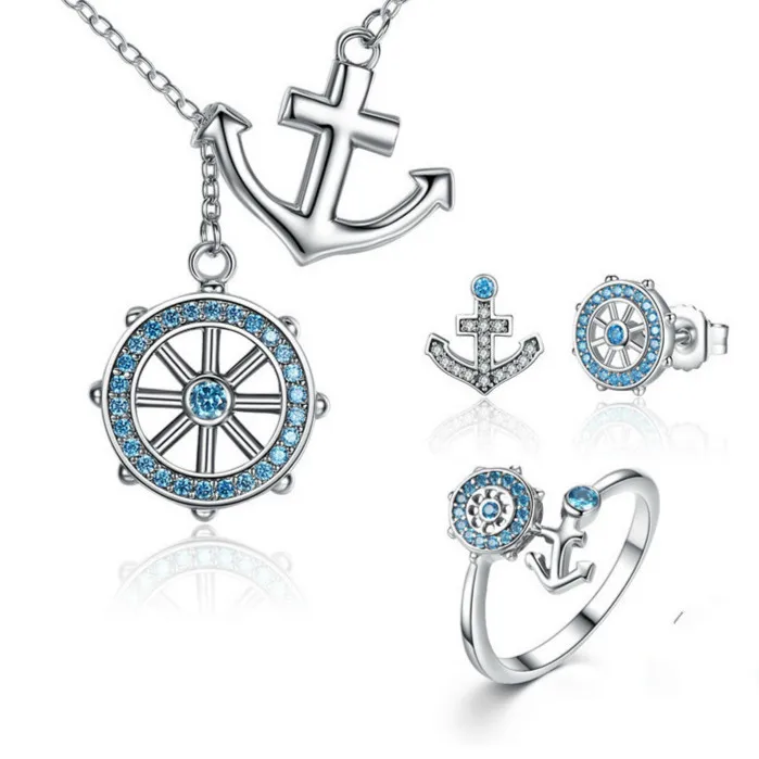 

Authentic 925 Sterling Silver Blue Anchor & Rudder Pendants & Necklaces Jewelry Sets Sterling Silver Jewelry Zhs035 BAMOER