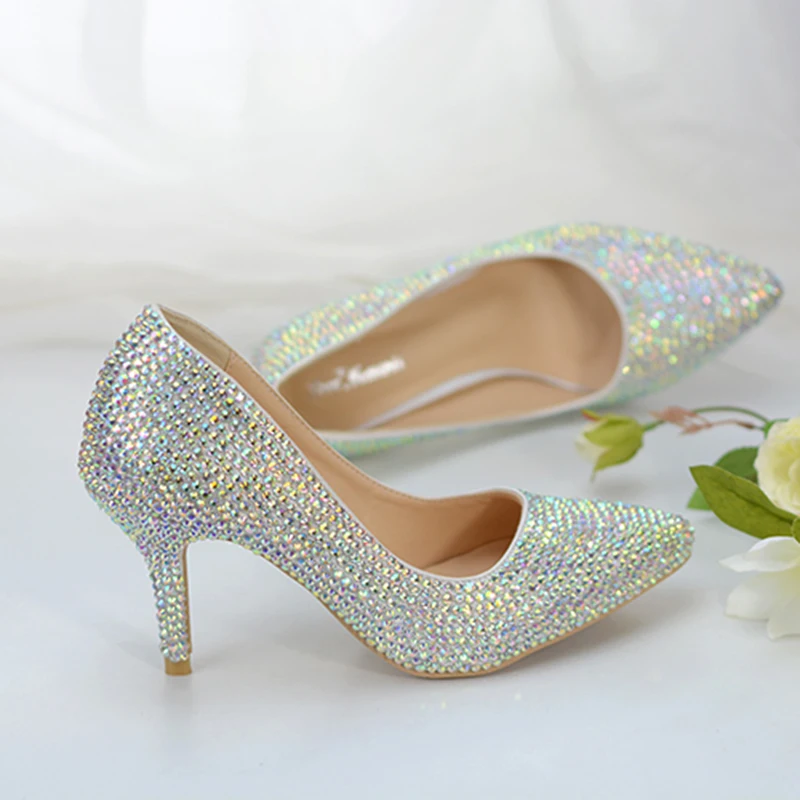 

Rhinestone Shoes Pointed Toe Plus size 46 Woman Crystal Pumps Glittering Wedding Heels Banquet Luxury TV Show Program 8cm