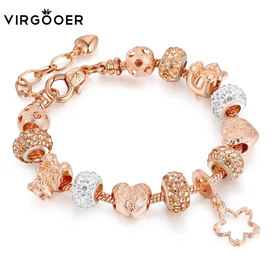 

Virgooer High Quality Vintage Rose Gold Color Crystal Fit Pan Bracelet For Women Snake Chain Charm Bracelet Diy Jewelry Gift