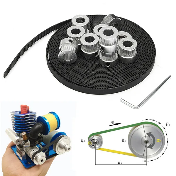 

8Pcs GT2 20T Bore 8mm Timing Pulley+ 5m Belt +20T 5mm Tensioner +Wrench Durable Power Transmission Parts