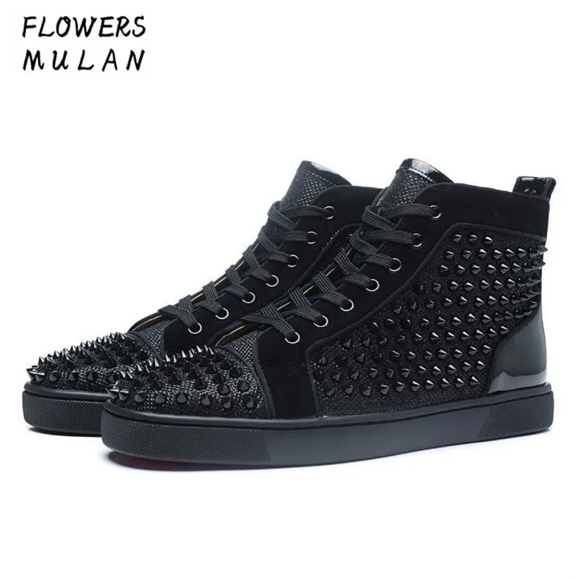 

Handmade Luxury Shoes Men Black Spikes Shoes High Top Fashion Designers Male Shoes Brand Men Loafers Nightclub Stud Men's Flats