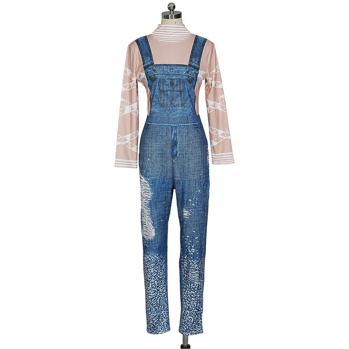 Women Long Sleeve Denim Jumpsuits Turtleneck Geometric Print Slim Back Zip One Piece Overall Casual Rompers