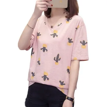 

Plus Size Bamboo Cotton Women Tshirts New Arrival 2019 Summer Cactus Print V Neck Tee Shirt Femme Short Sleeve Vogue T-shirt 4xl