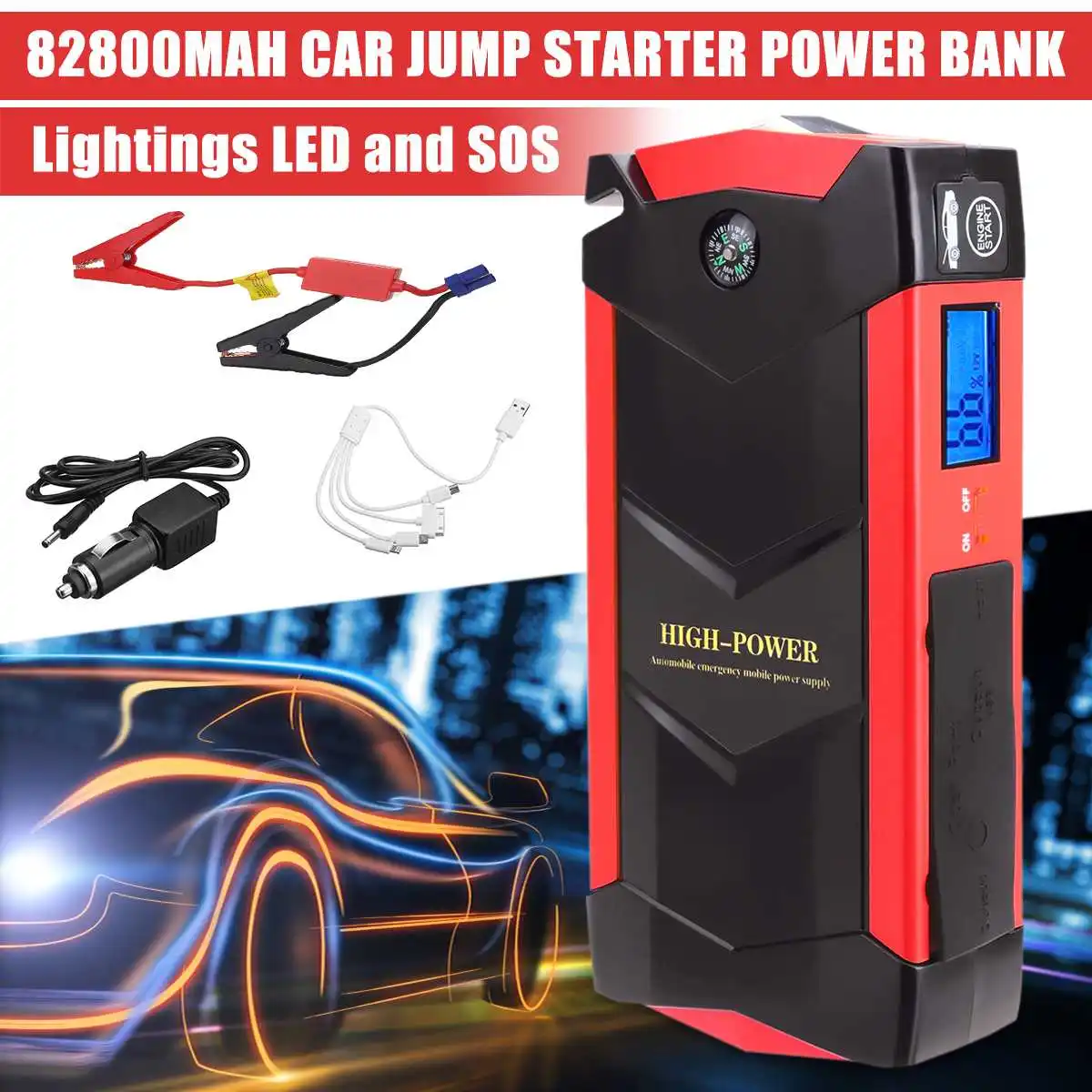 

4 USB 12V 82800mAh Portable LED Car Jump Starter Multifunction Emergency Car Battery Power BankTool Kit For Auto Starting Device