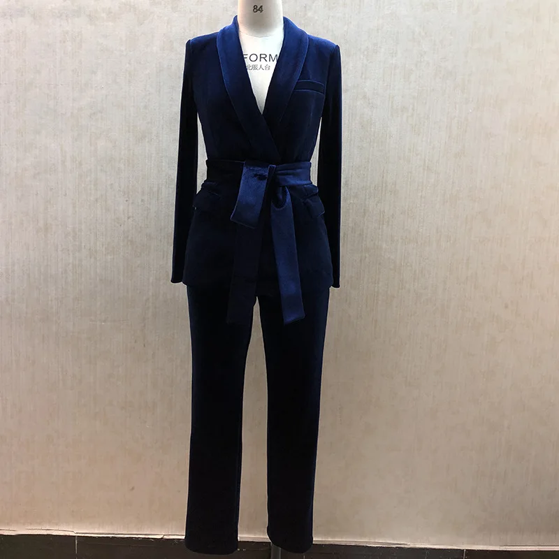 

Pant Suits OL 2 Piece Sets Autumn Winter Deep Blue Velvet Suit Jacket Female Slim Shawl Collar Belt Coat + Pencil Pants Y224