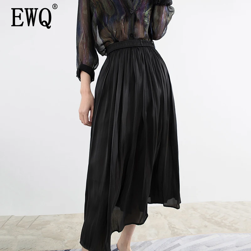 

[EWQ] 2019 New Summer High Elastic Waist Black Patchwork Pleated Shining Temperament Half-body Skirt Women All Match JR322
