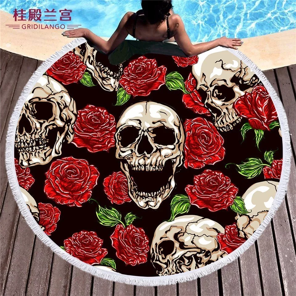 

GRIDILANGO Multi Cool Skull Pattern Round Beach Towel For Adult Quickly Absorbtable Swimming Travel Outdoor Blanket Bath Towel