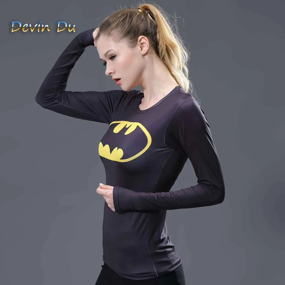 

Women T-shirt Bodys Marvel costume superman/batman T Shirt Long Sleeve Girl Fitness Tights Compression tshirts