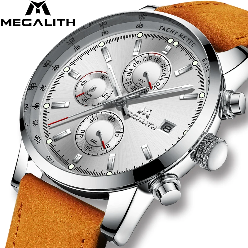 

MEGALITH Men's Watch Brown Leather Chronograph Date Analog Quartz Watch Waterproof Running Wristswatch Clock Relogio Masculino