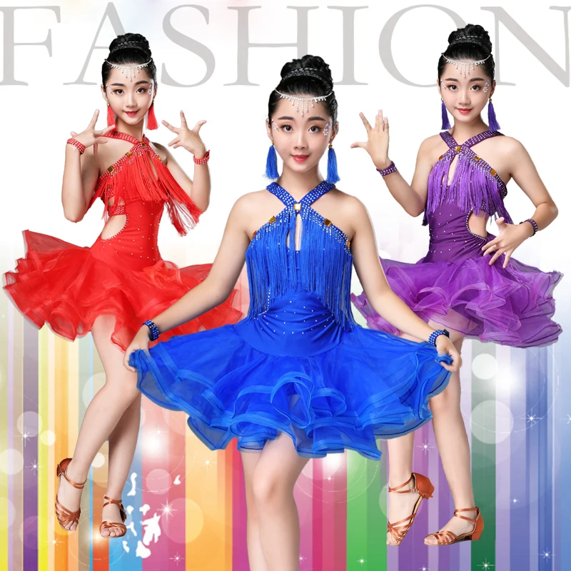 

New Kids Latin Skirt Girls Lombaris Performing Dresses Children Chacha tassel Dance Dresses Bright Diamond for Children