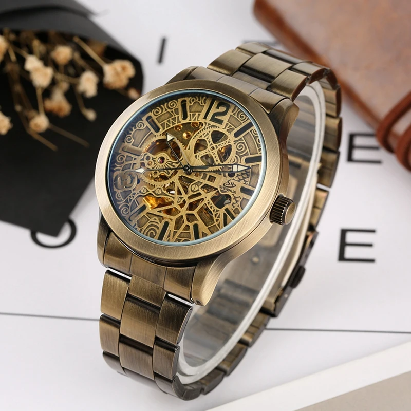 Bronze Metal Skeleton Mechanical Watch Men Automatic Watch Sport Luxury Top Brand Retro Stainless Steel Watch 1