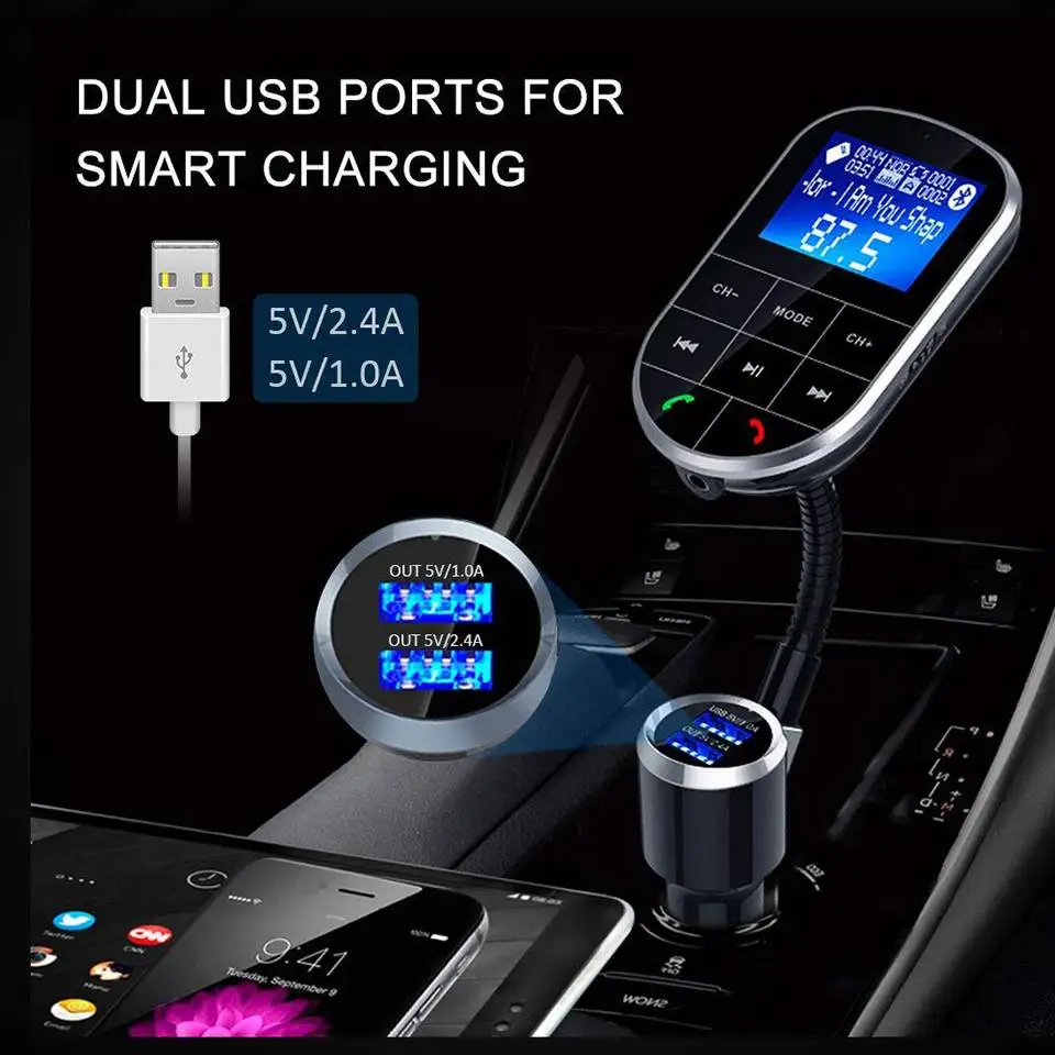 bluetooth 4.2 FM Wireless Radio Transmitter Adapter Dual USB Car Charger with Handsfree Calling A2DP Aux  bluetooth Car Kit