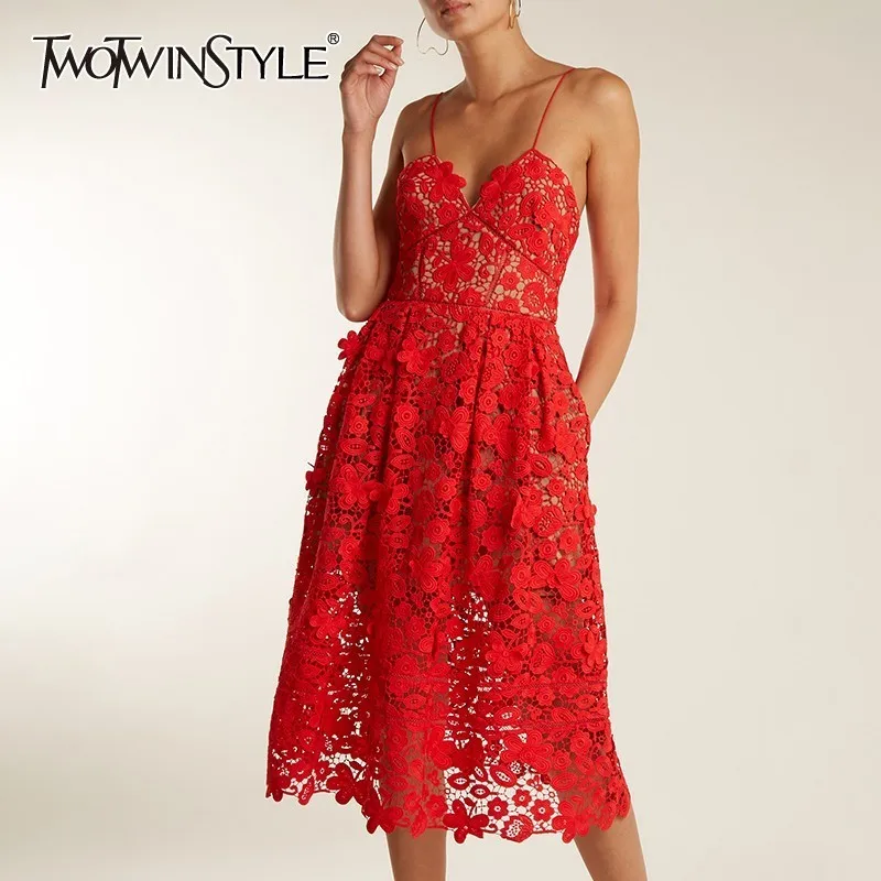 

TWOTWINSTYLE Elegant Suspender Dress Women V Neck Sleeveless High Waist Hollow Out Midi Lace Dresses Female 2019 Summer Fashion
