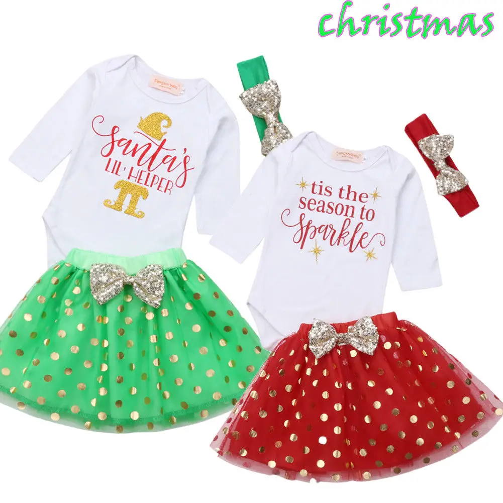 

Newborn Baby Girl Christmas Romper Tops Sequins Letter Jumpsuit Polka Dots Lace Tulle Mini Skirt Bowknot Xmas Outfits Clothes